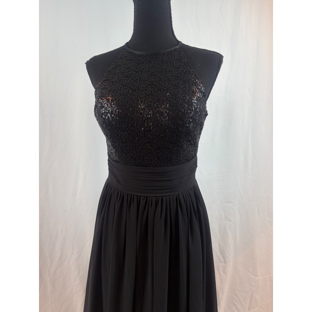 Black Sequin Halter Neck Maxi Dress Open Back Ruched Waist Formal Evening Gown - Picture 2 of 16